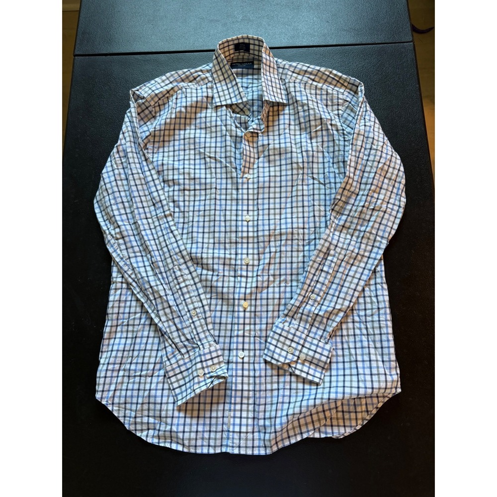 Peter Millar Collection Mens Medium Blue Grey Check Cotton Button Down Shirt